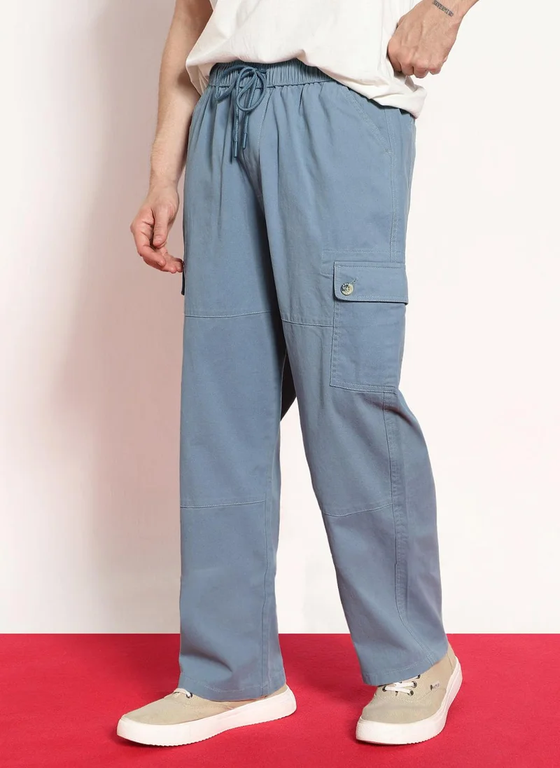 Urbano Fashion Men's Steel Blue Loose Baggy Fit Cargo Jogger Chino Pant with 6 Pockets Stretchable